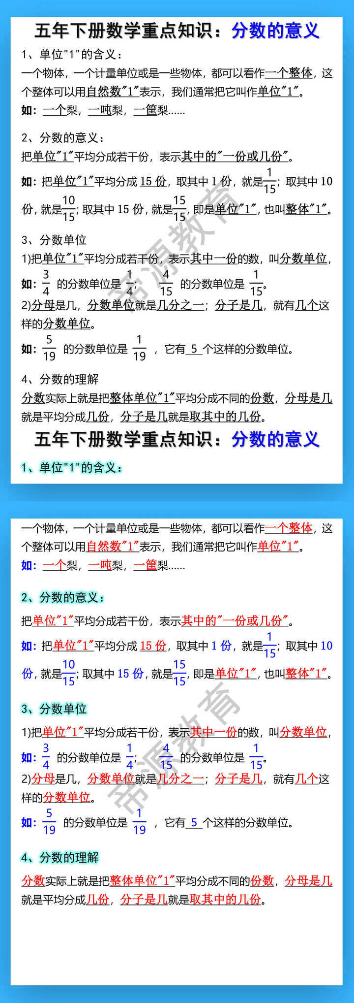 五年下册数学重点知识：分数的意义