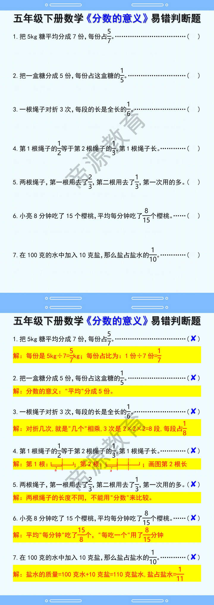 五年级下册数学《分数的意义》易错判断题