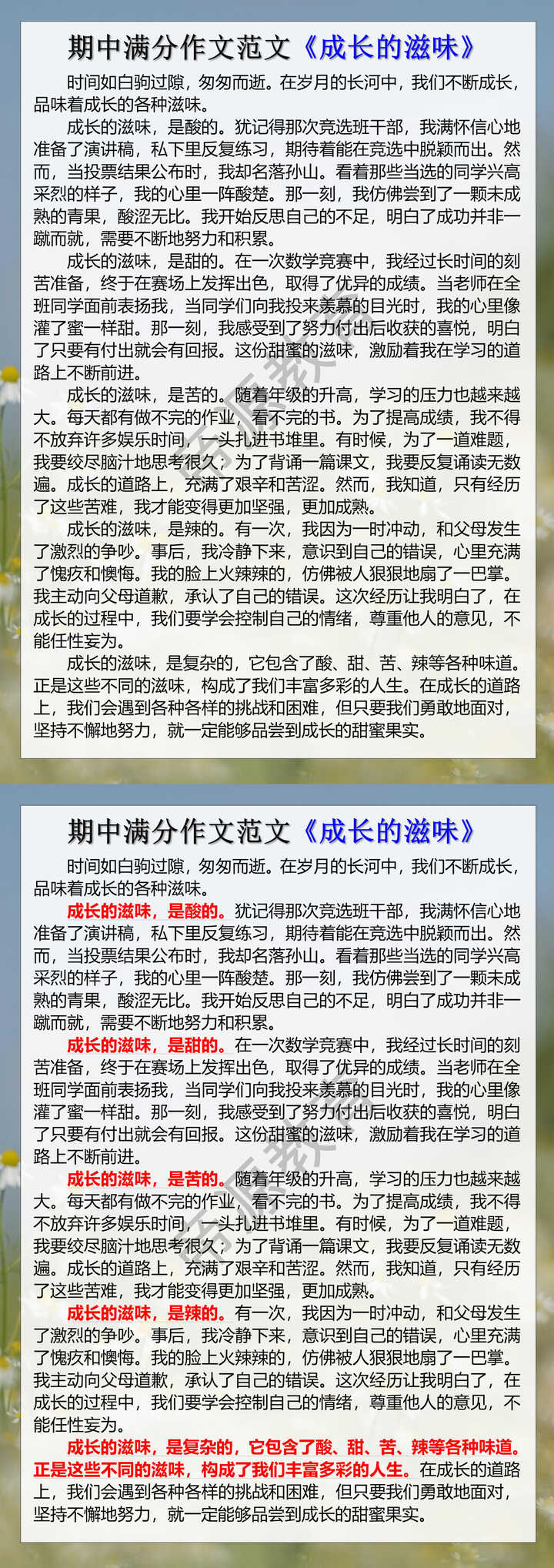 期中满分作文范文《成长的滋味》