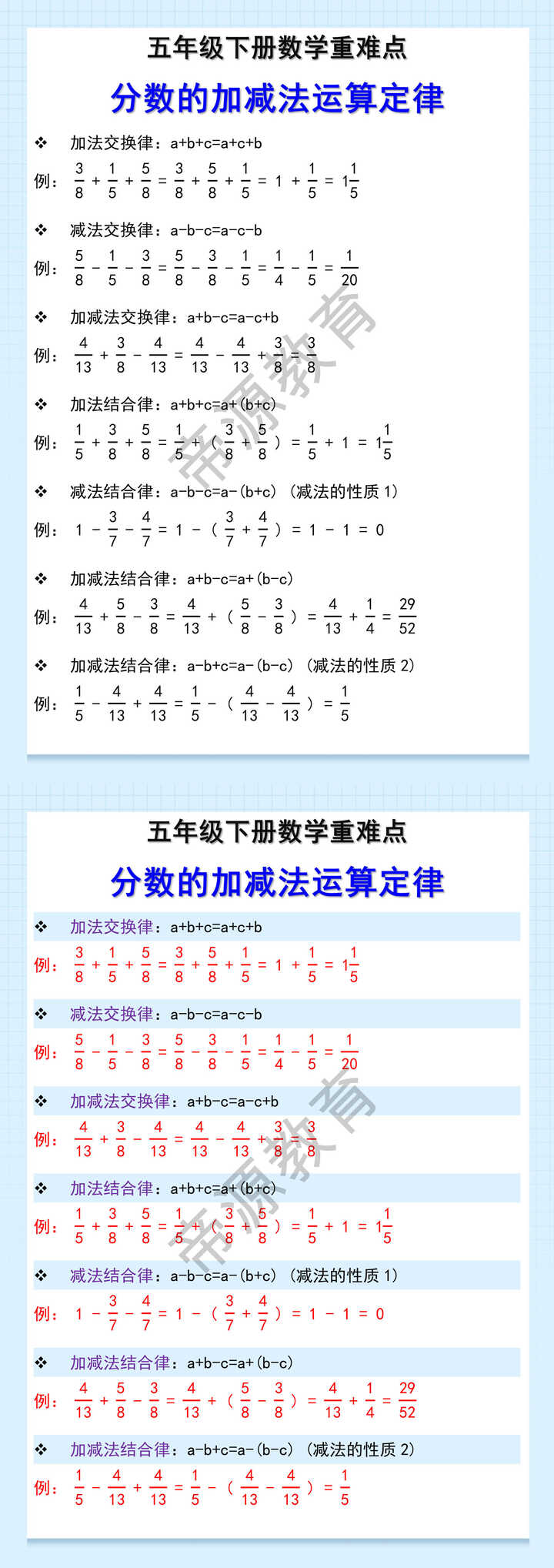五年级下册数学重难点 分数的加减法运算定律