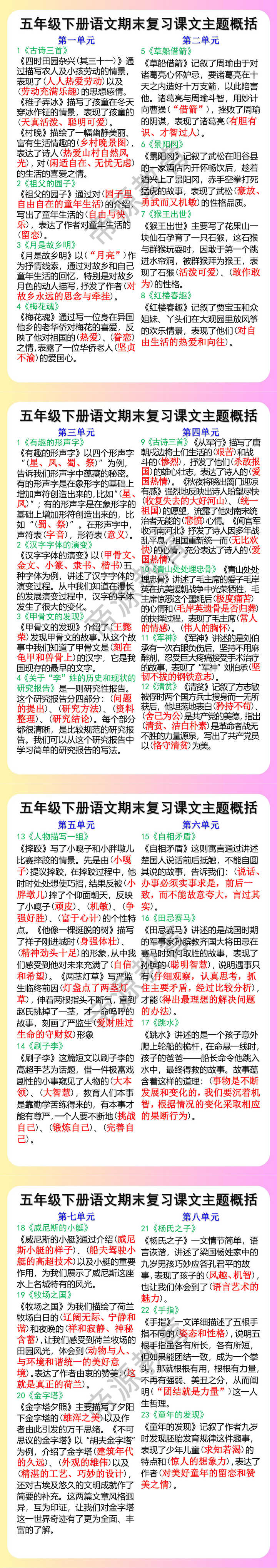五年级下册语文期末复习课文主题概括