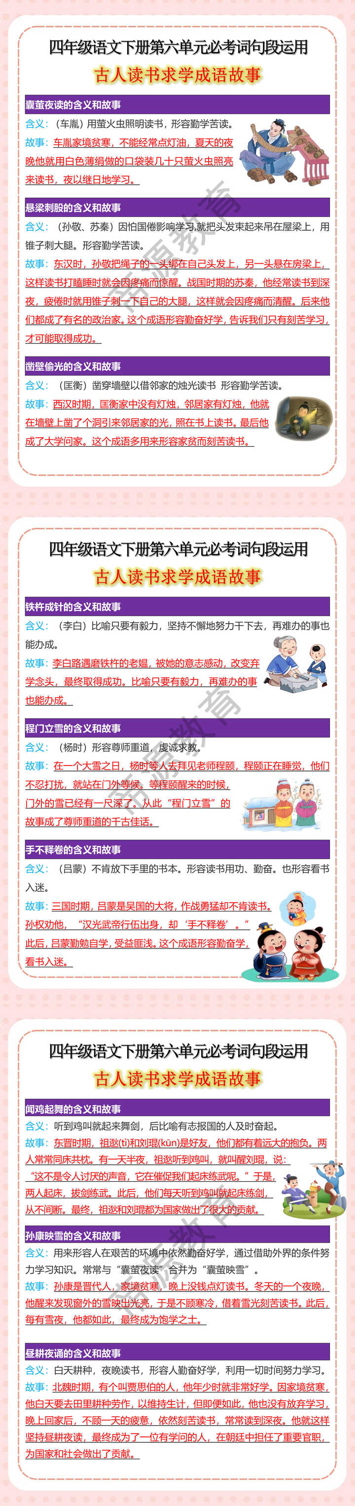 四年级语文下册第六单元必考词句段运用 古人读书求学成语故事