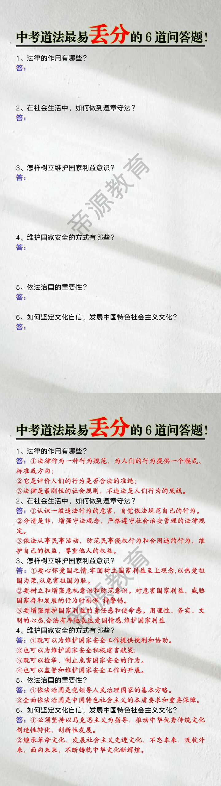 中考道法最易丢分的6道问答题