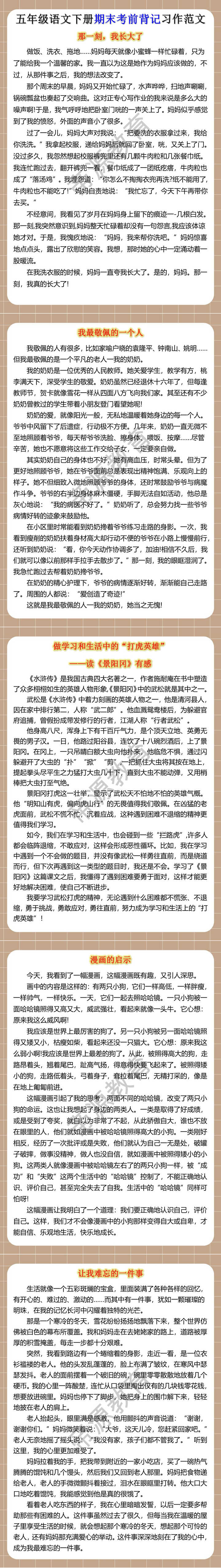 五年级语文下册期末考前背记习作范文
