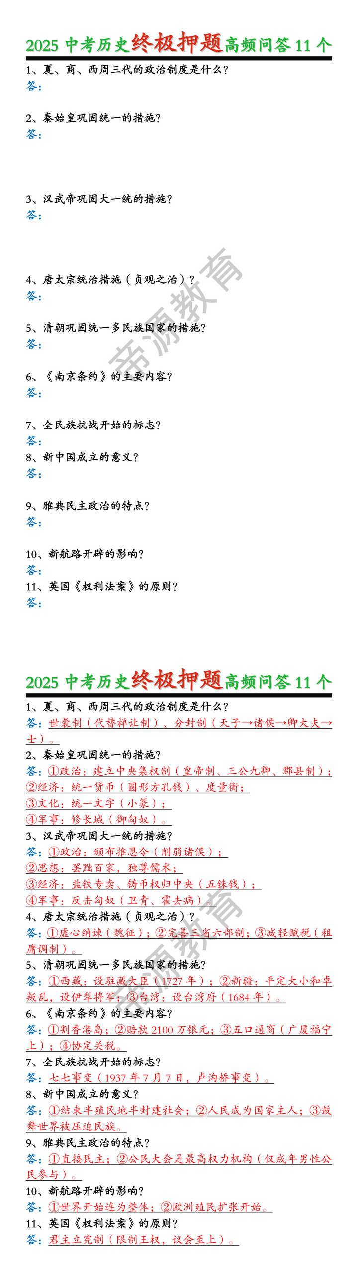 2025中考历史终极押题高频问答11个