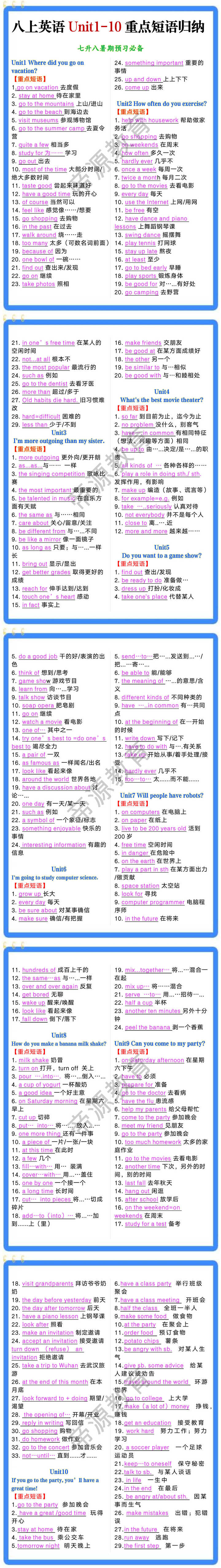 八上英语Unit1-10重点短语归纳