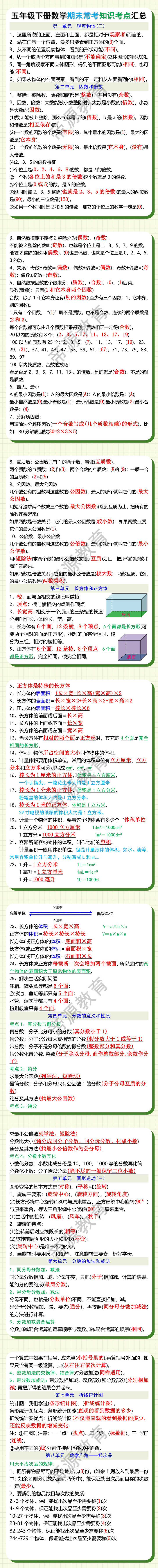 五年级下册数学期末常考知识考点汇总