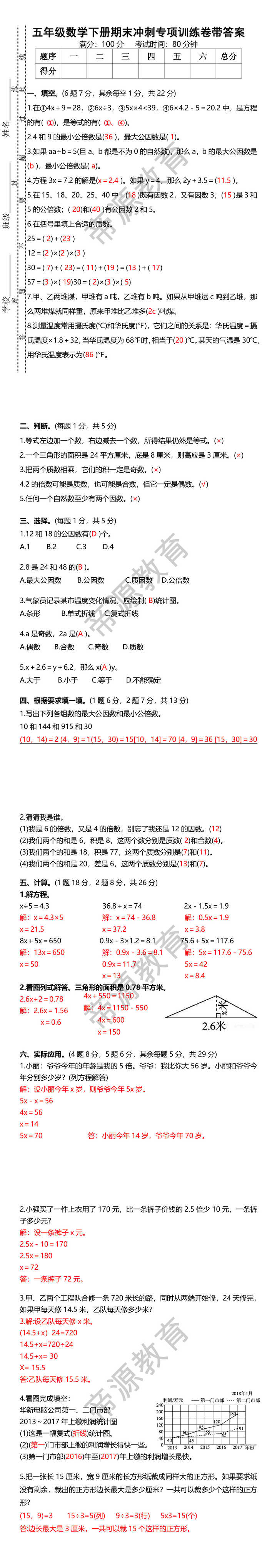 五年级数学下册期末冲刺专项训练卷带答案