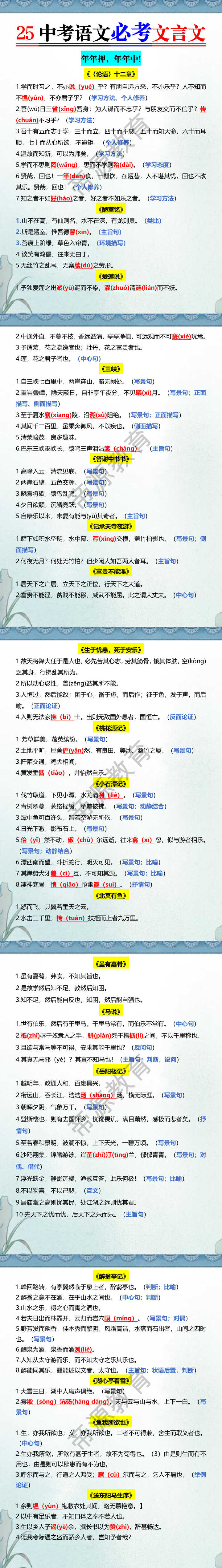 25中考语文必考文言文