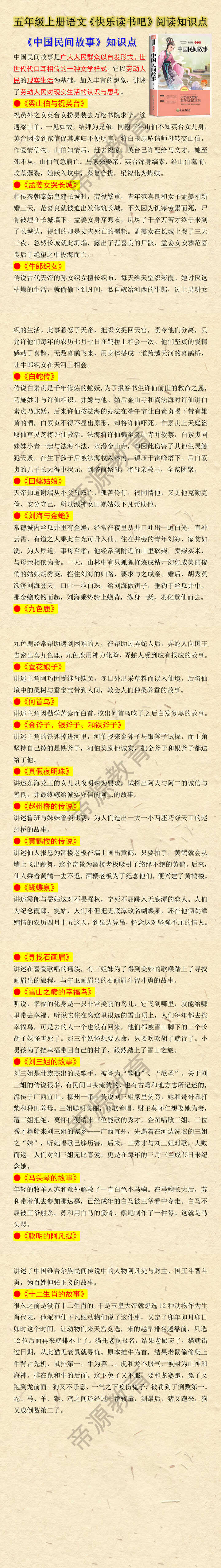五年级上册语文快乐读书吧《中国民间故事》知识考点