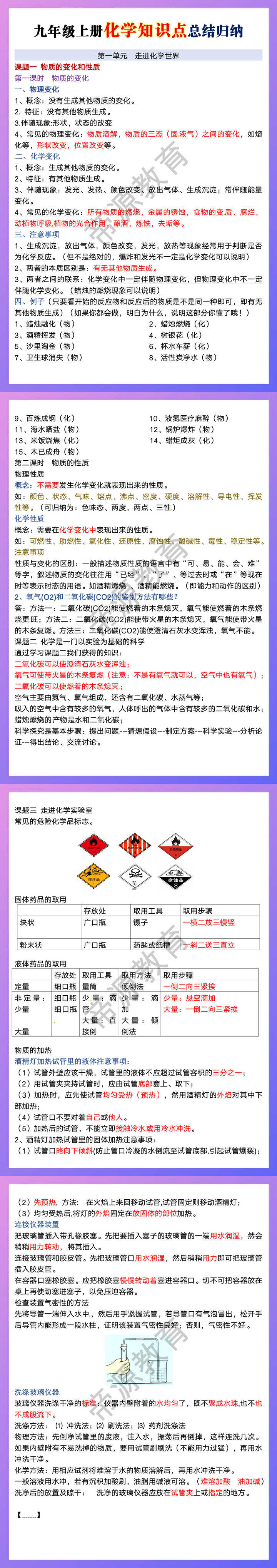 九年级上册化学知识点总结归纳