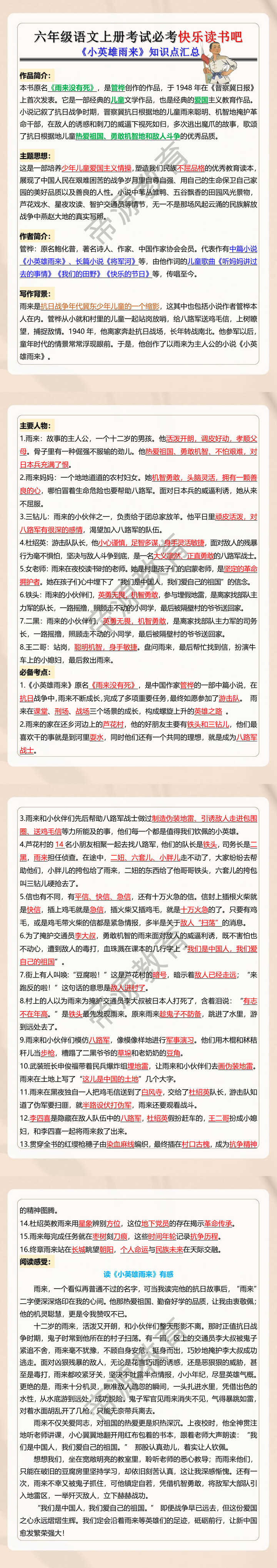六年级语文上册考试必考快乐读书吧《小英雄雨来》知识点汇总