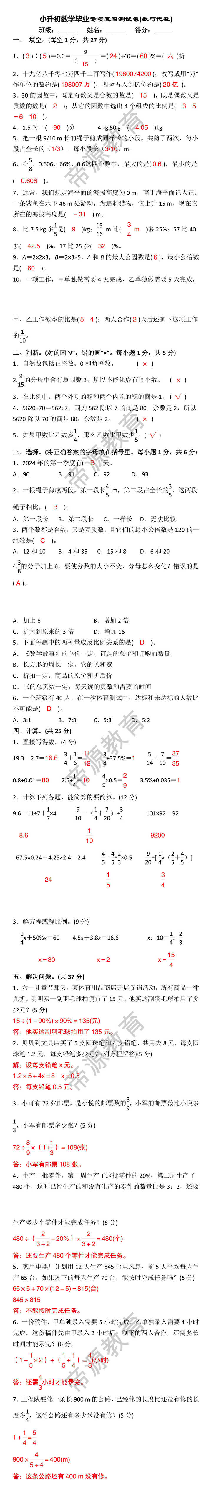 小升初数学毕业专项复习测试卷(数与代数)
