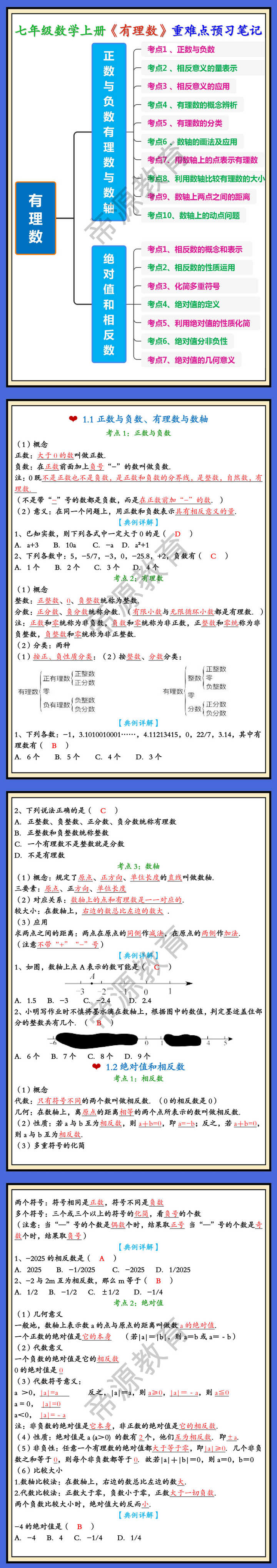 七年级数学上册第一章《有理数》重难点预习笔记