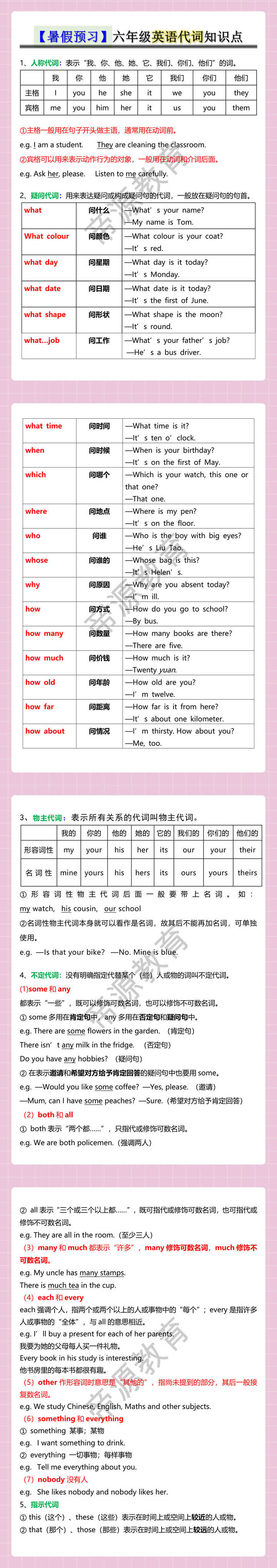 【暑假预习】六年级英语代词知识点