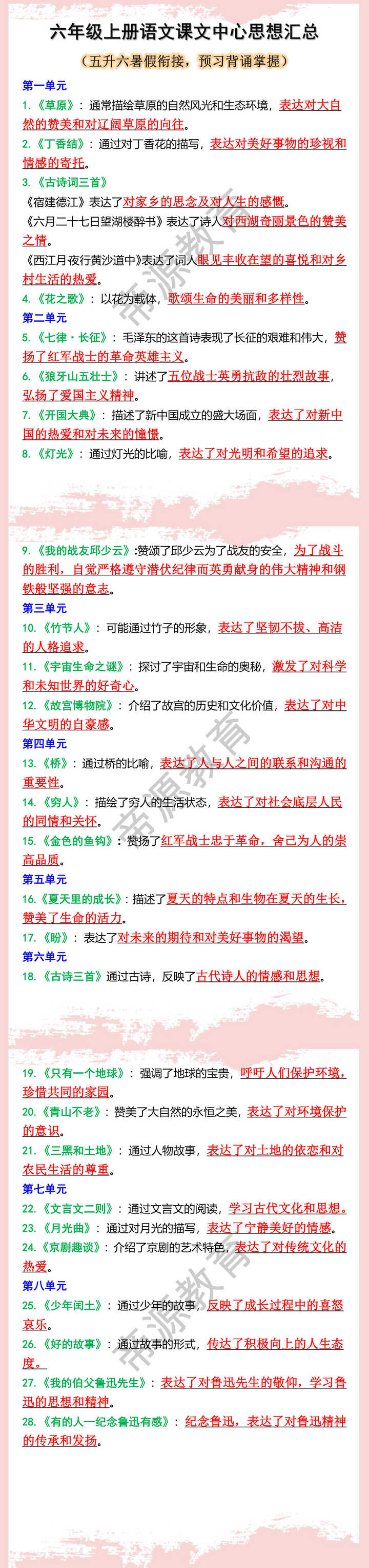 六年级上册语文课文中心思想汇总
