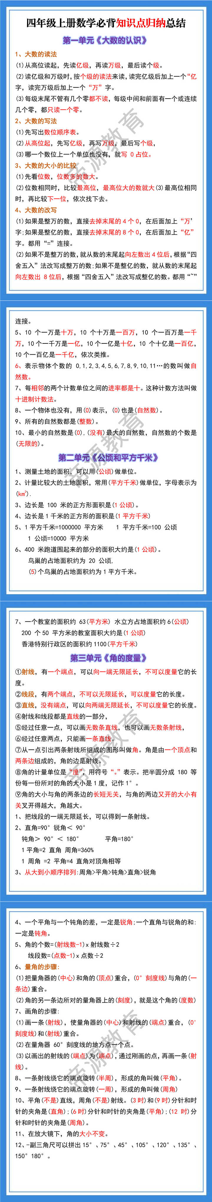 四上数学必背知识点归纳总结