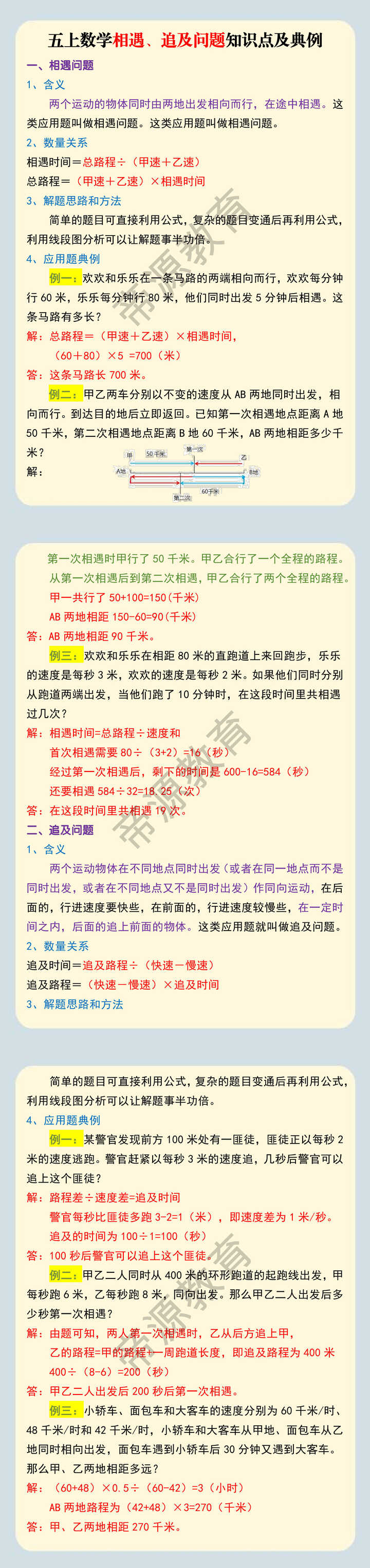 五上数学相遇、追及问题知识点及例题