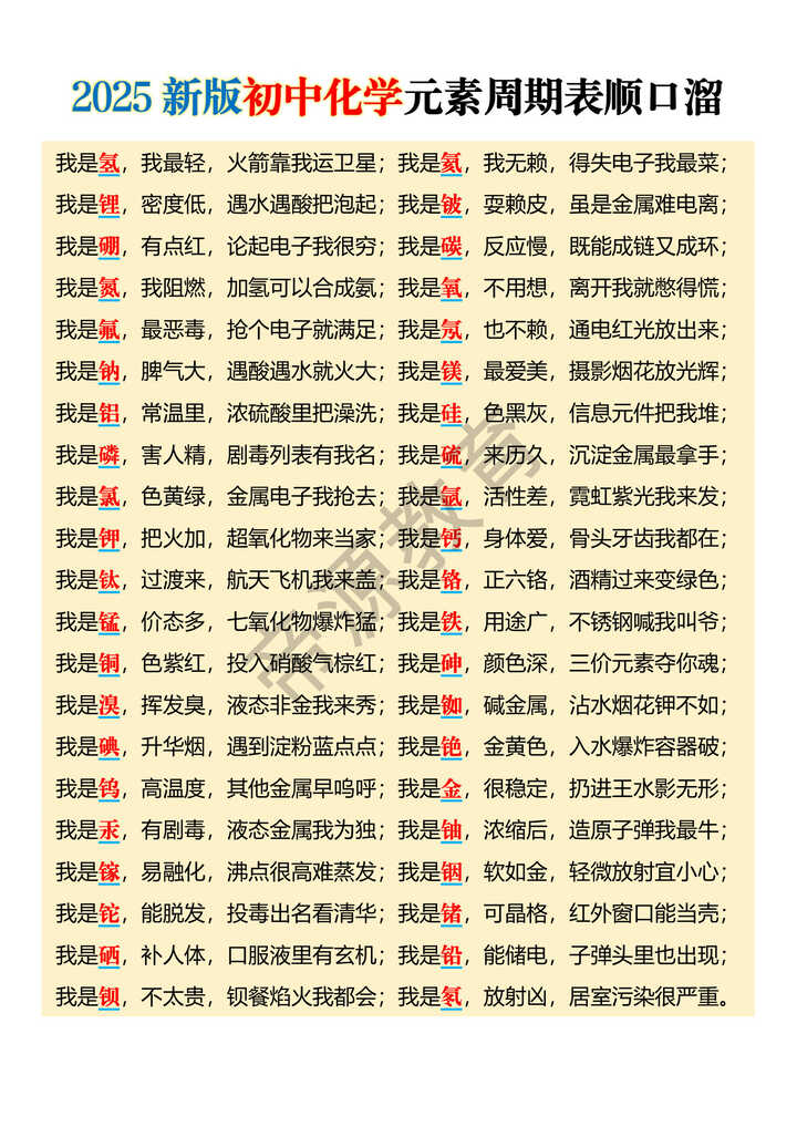 2025新版初中化学元素周期表顺口溜