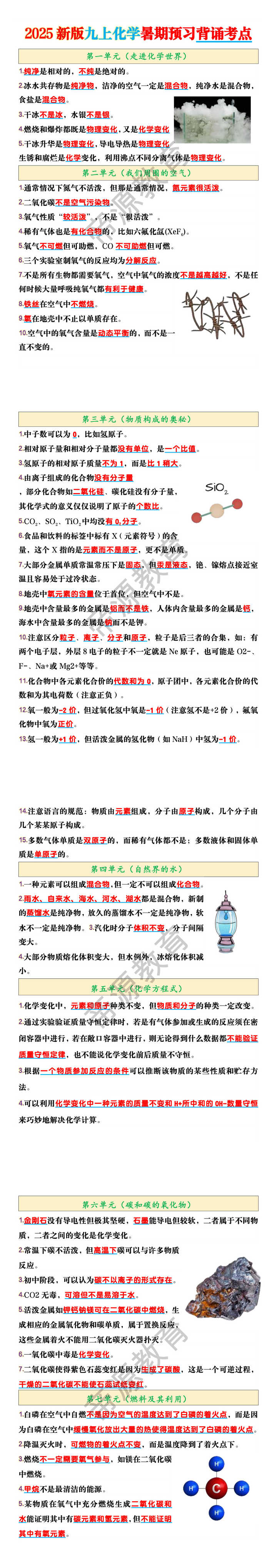 2025新版九上化学暑期预习背诵考点