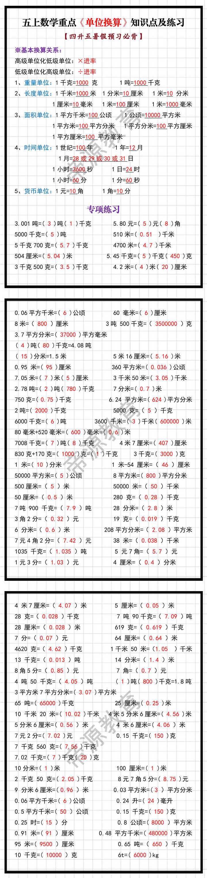 五上数学重点《单位换算》知识点及练习