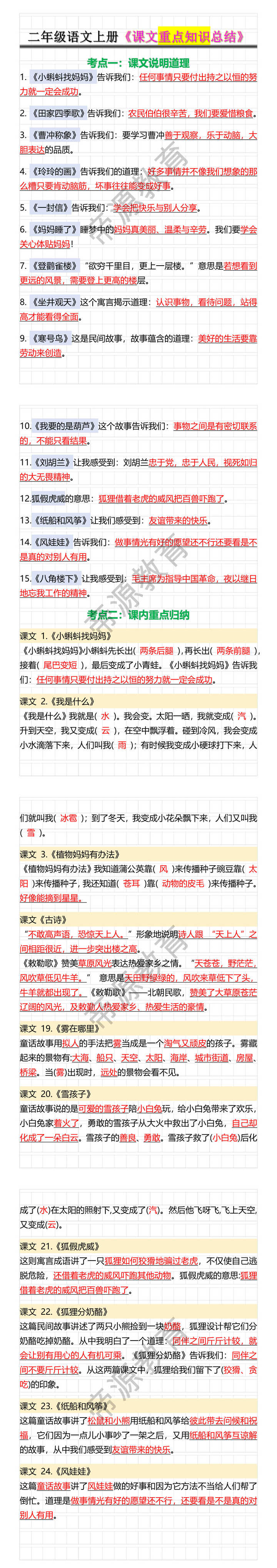 二年级语文上册《课文重点知识总结》