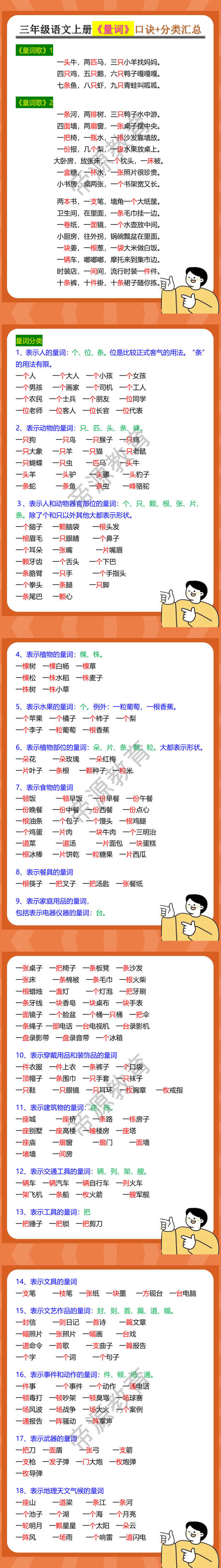 三年级语文上册《量词》口诀+分类汇总