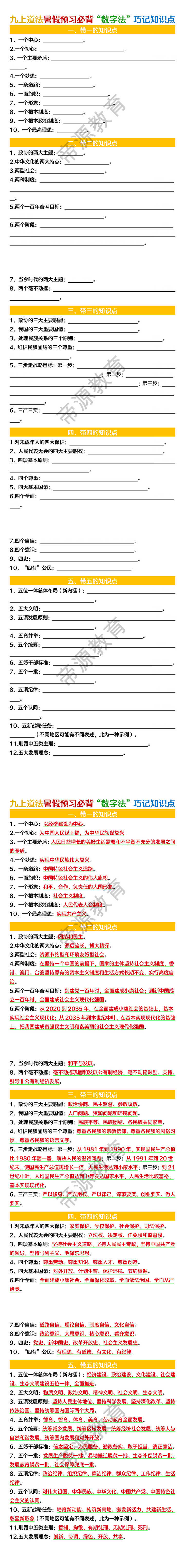 九上道法暑假预习必背“数字法”巧记知识点