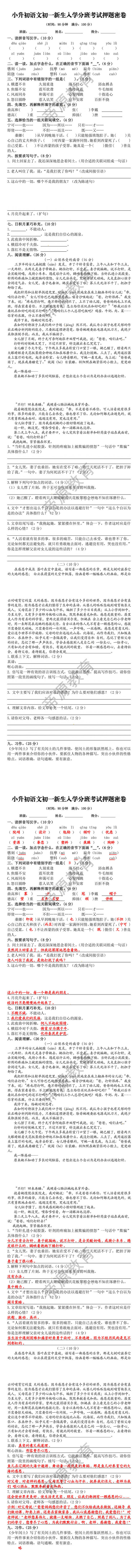 小升初语文初一新生入学分班考试押题密卷
