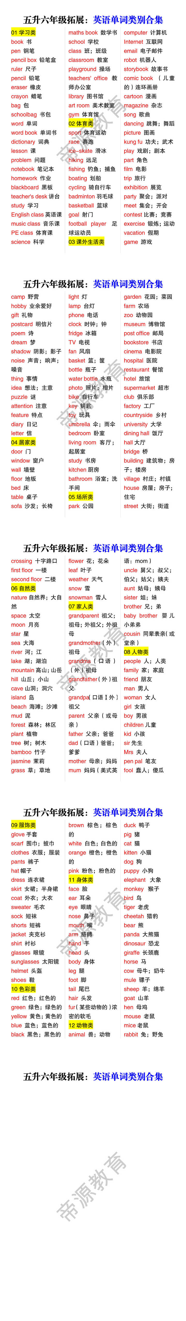 五升六年级拓展：英语单词类别合集