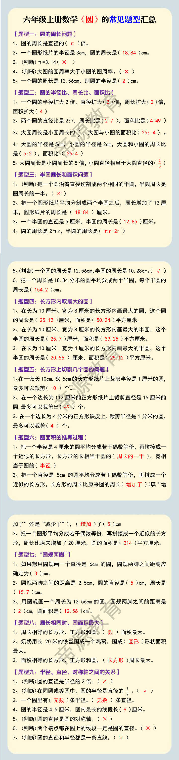 六年级上册数学《圆》的常见题型汇总