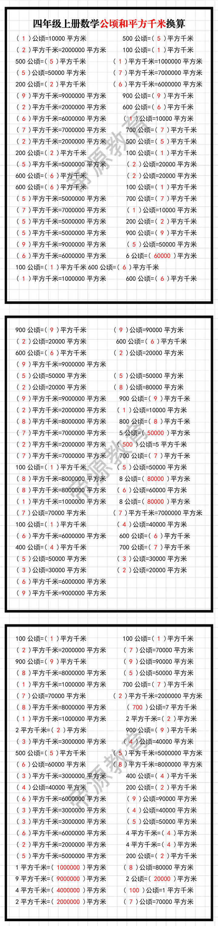 四年级上册数学公顷和平方千米换算