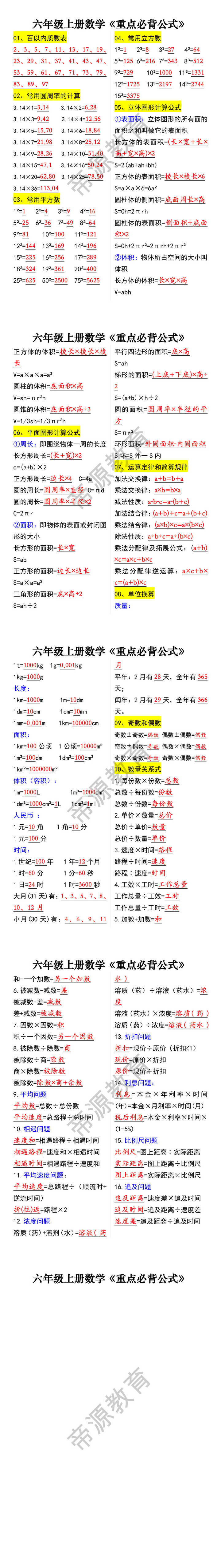 六年级上册数学《重点必背公式》