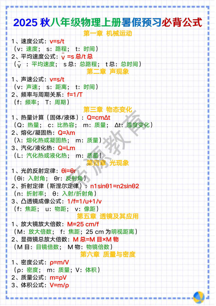 2025秋八年级物理上册暑假预习必背公式