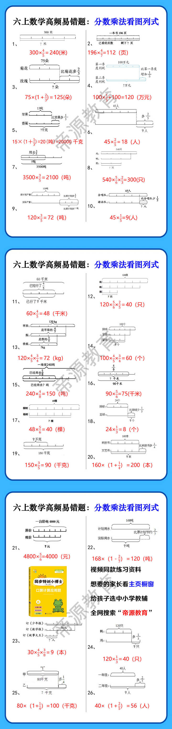 六上数学高频易错题：分数乘法看图列式