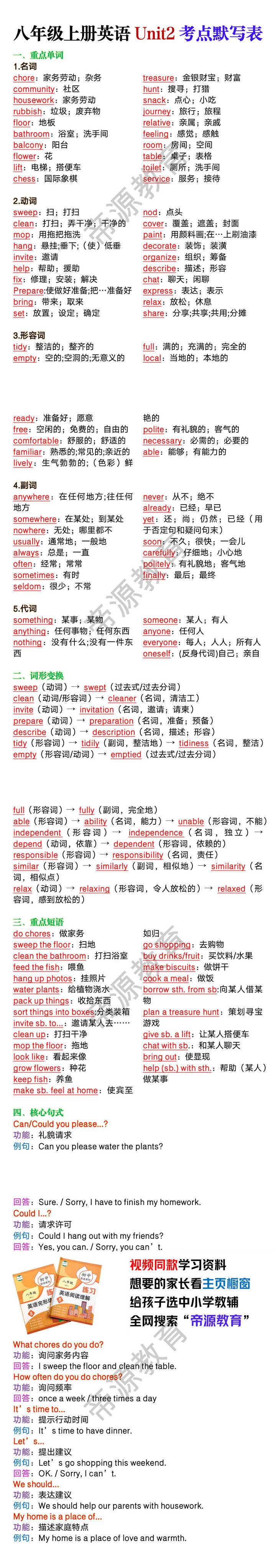 八年级上册英语Unit2考点默写表