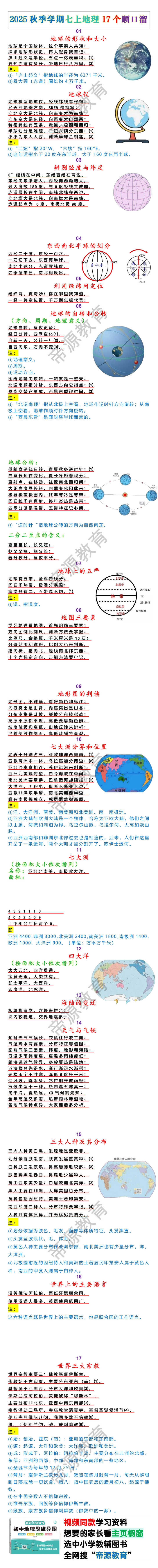 2025秋季学期七上地理17个顺口溜
